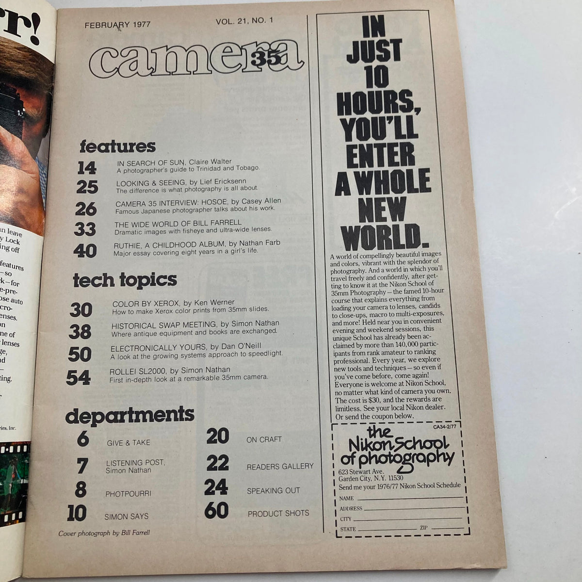 Interior page of VTG Camera 35 Magazine from February 1977, detailing features and technical topics, including coverage on 'Ruthie, A Childhood Album'.