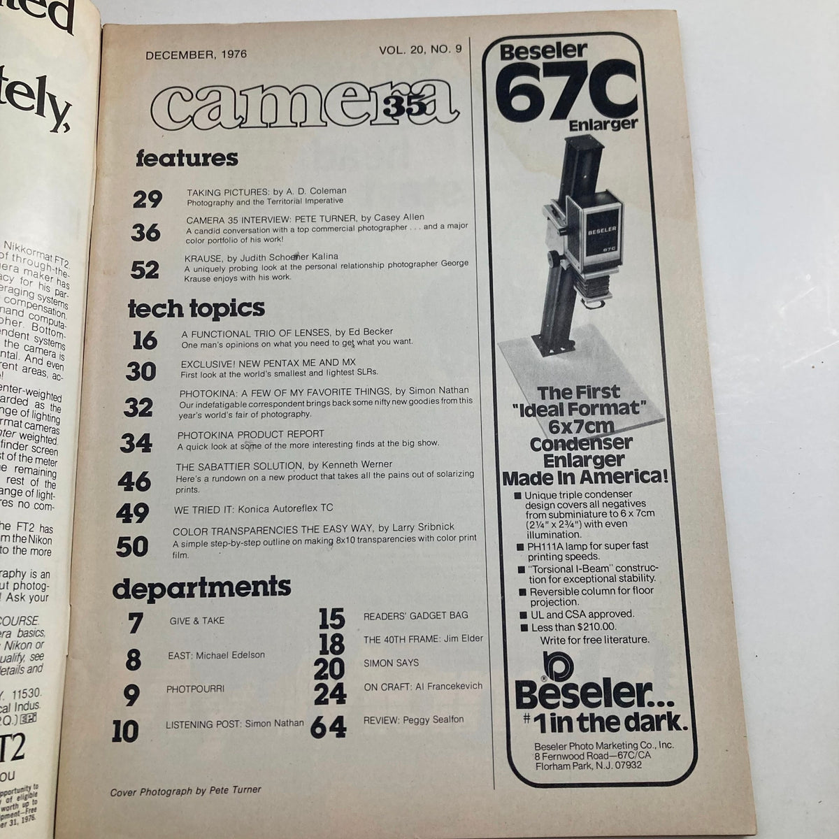 Interior page of Vintage Camera 35 Magazine December 1976, Volume 20, Number 9, showcasing the table of contents including features and articles related to photography and the interview with Pete Turner.