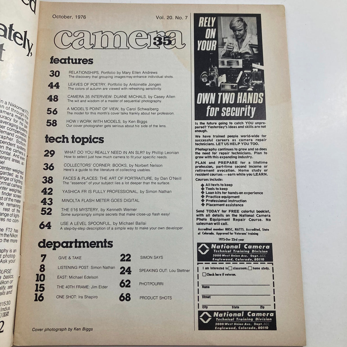 Interior page of the VTG Camera 35 Magazine, October 1976, Vol 20 No. 7, displaying the magazine's features and tech topics including an interview with Duane Michals.