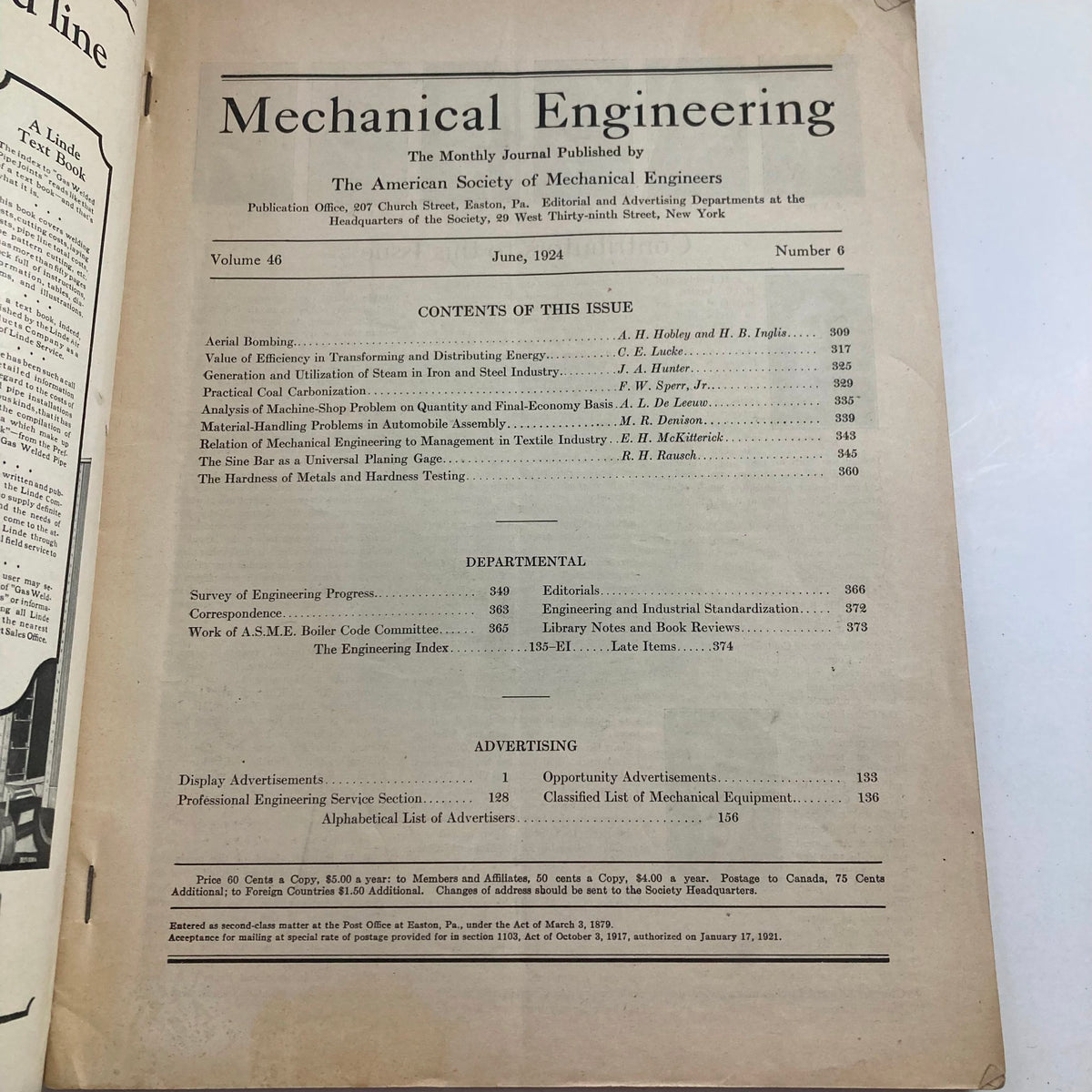 Contents page of VTG Mechanical Engineering Journal June 1924, outlining articles including Aerial Bombing, volume, and issue details.