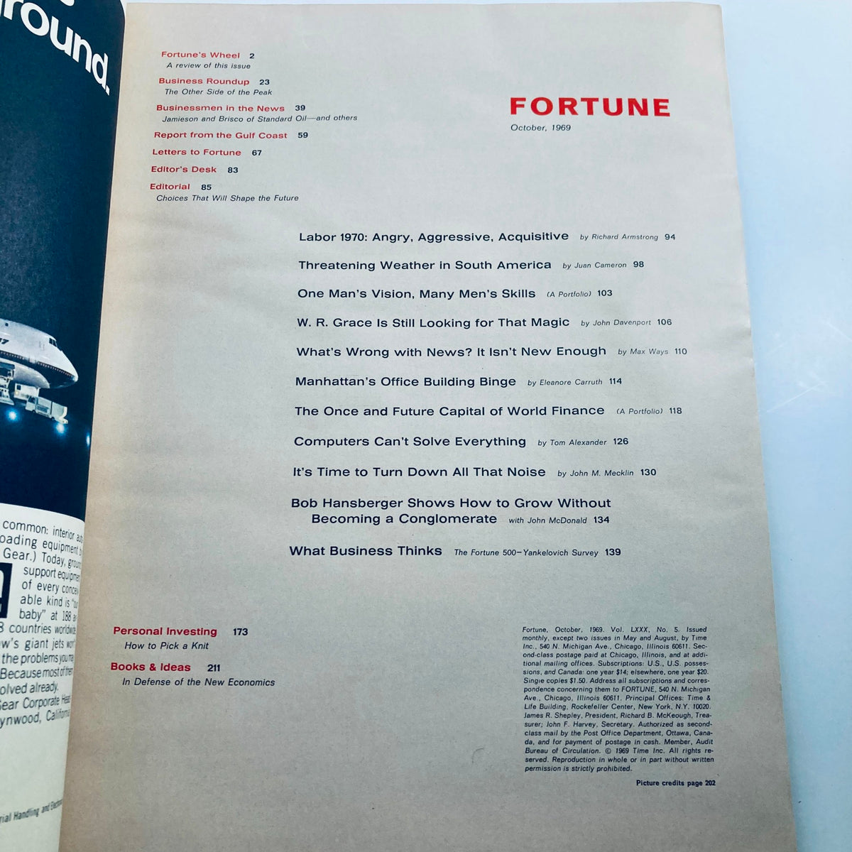 Table of contents page from VTG Fortune Magazine October 1969 outlining featured articles and topics including 'Labor in 1970' and 'Threatening Weather in South America'.