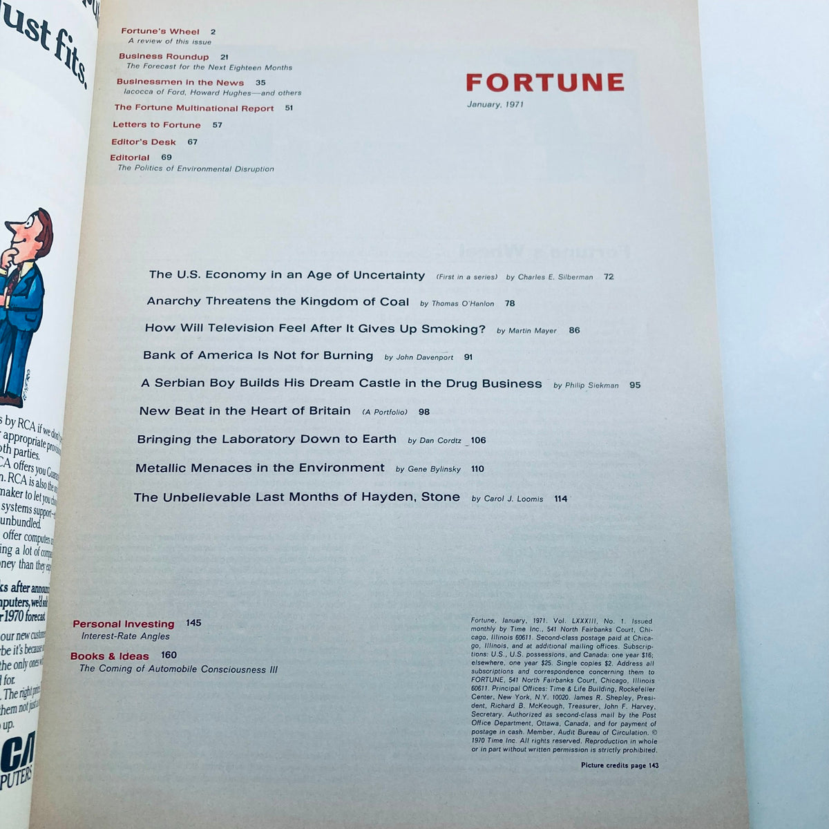 Inside page of VTG Fortune Magazine January 1971 displaying the table of contents, highlighting featured articles such as 'The U.S. Economy in an Age of Uncertainty' and topics relevant to the cultural climate of the early 1970s.