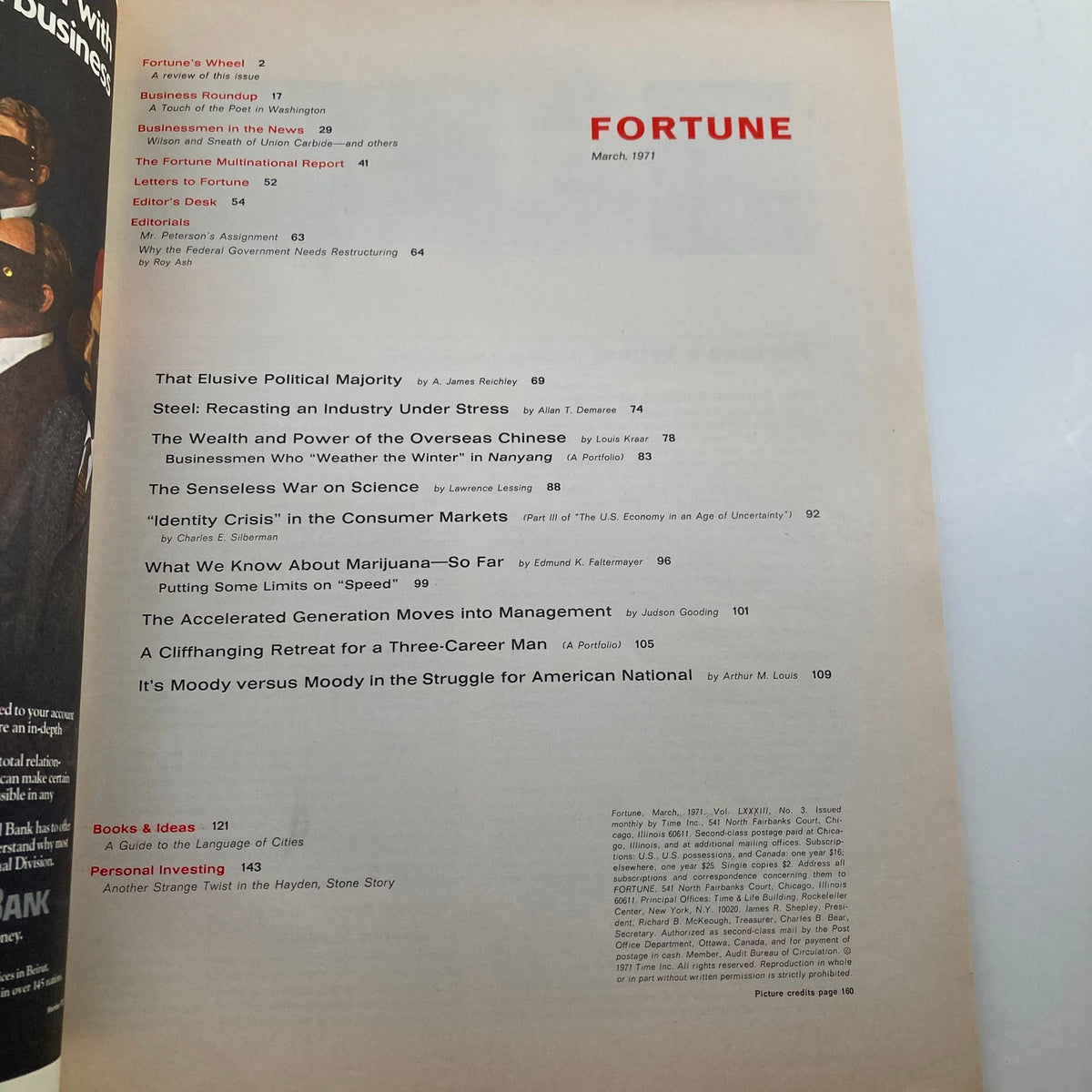 Interior page of Fortune Magazine, March 1971 issue titled 'The Case for Technology.' Features an index of articles, including topics like consumer markets, industry stress, and management in the context of economic changes.