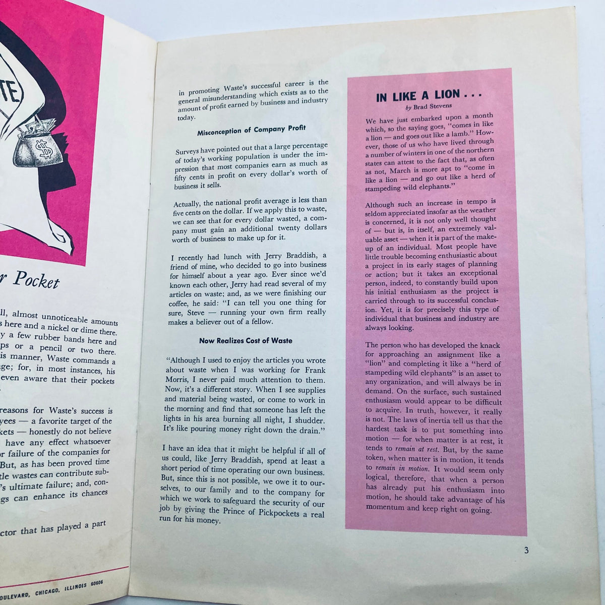 Inside page of VTG People Are Important! Vol 5 No. 3 titled 'In Like a Lion', discussing misconceptions of company profit and economic challenges in a pamphlet format.