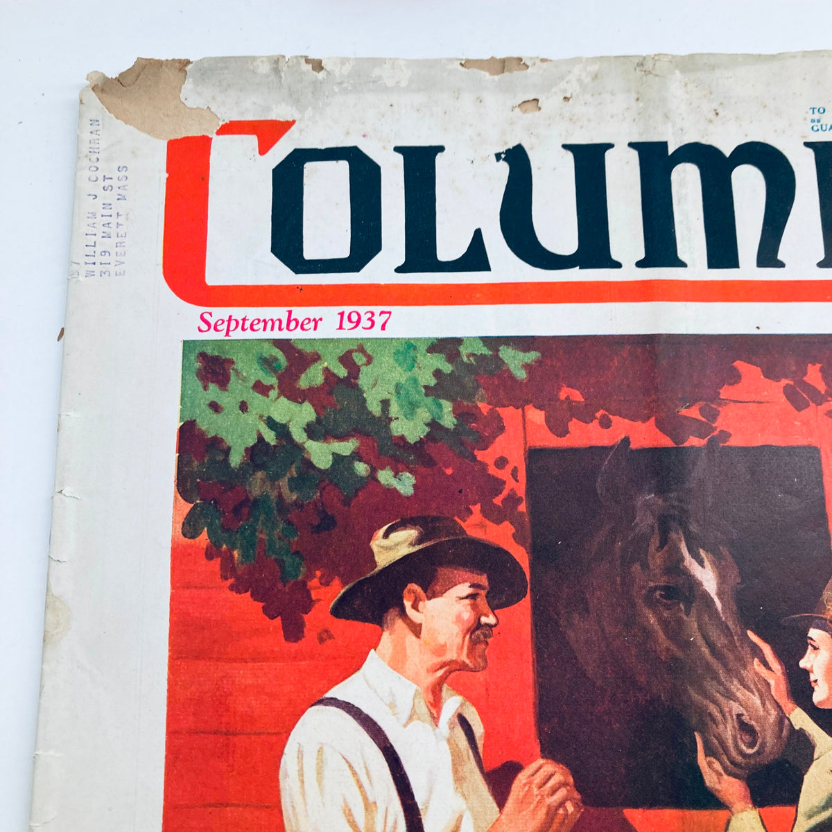 Cover of VTG Columbia Magazine September 1937 Vol 17 No. 2 featuring a vintage illustration of two men discussing a horse near a fence, showing wear and tear consistent with its age.