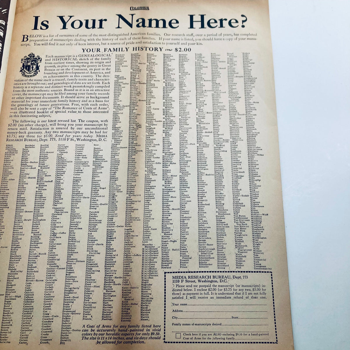 Inside page from VTG Columbia Magazine March 1937 displaying a list of distinguished American family surnames, promoting genealogical history, and offering a service for researching family history.
