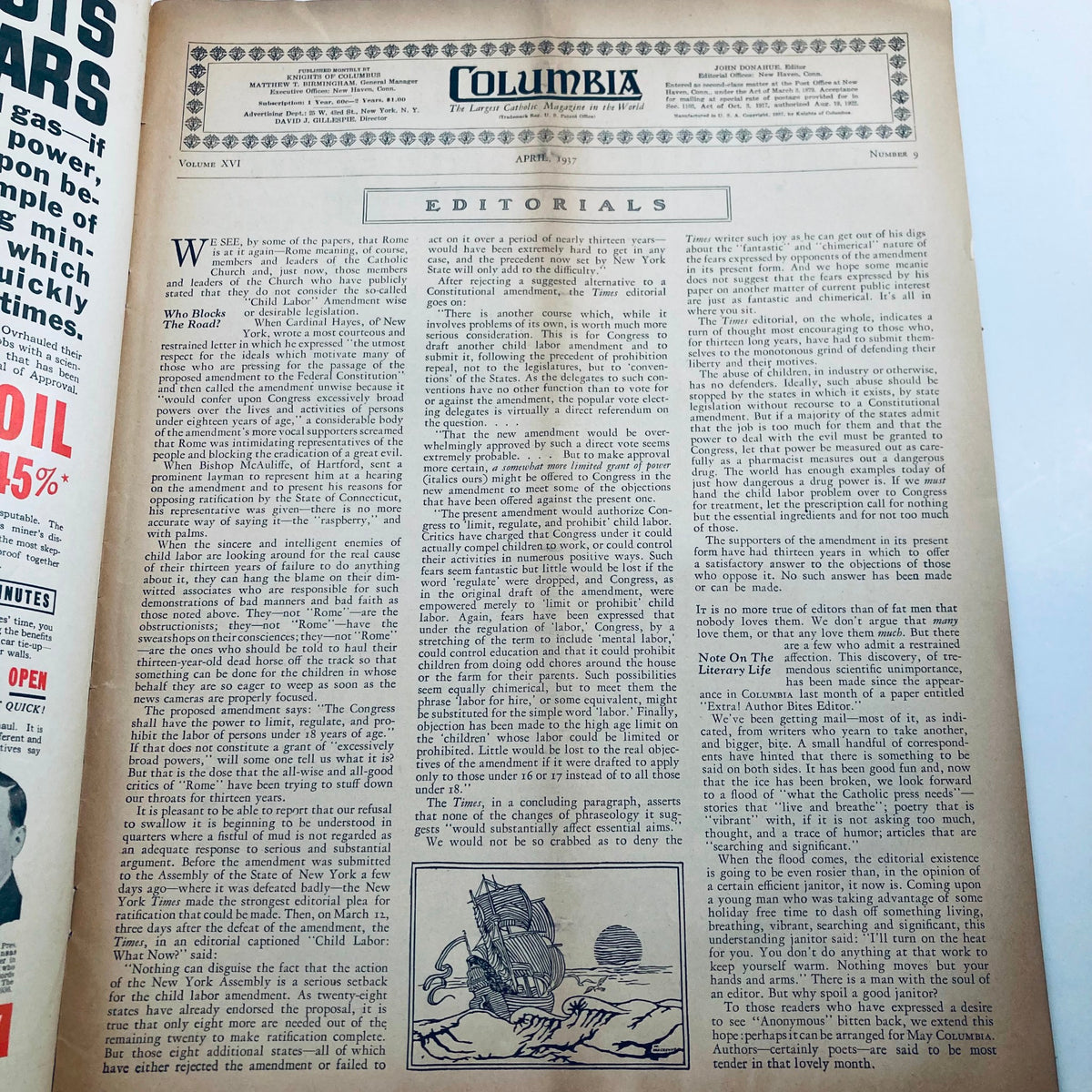 Editorial page from VTG Columbia Magazine April 1937 examining societal issues of the 1930s, introducing the distinguished short story 'Stone.'
