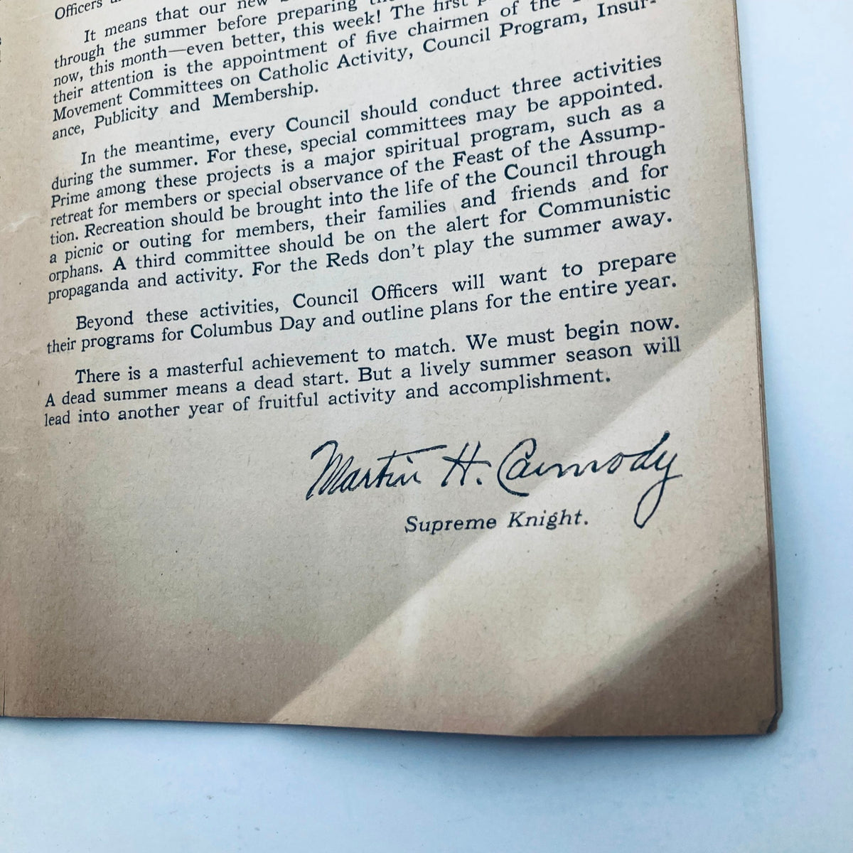 Final page of VTG Columbia Magazine July 1937 featuring a signed message from Martin H. Carmody, Supreme Knight, outlining the goals and activities for Knights of Columbus councils.