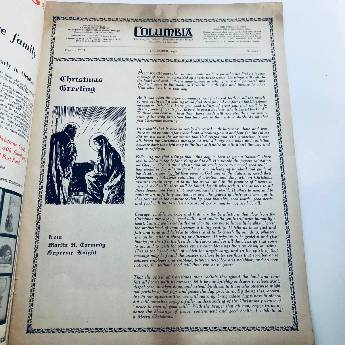 Interior page of VTG Columbia Magazine December 1937 Vol 17 No. 6 A Christmas Greeting showcasing a Christmas greeting message, detailed illustrations, and classic typography reflecting the holiday spirit.