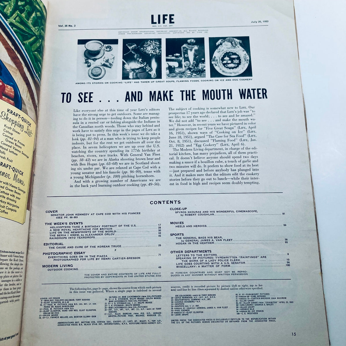Interior page of VTG Life Magazine July 20 1953 featuring contents and editorial section, highlighting Senator John F. Kennedy's cover story.