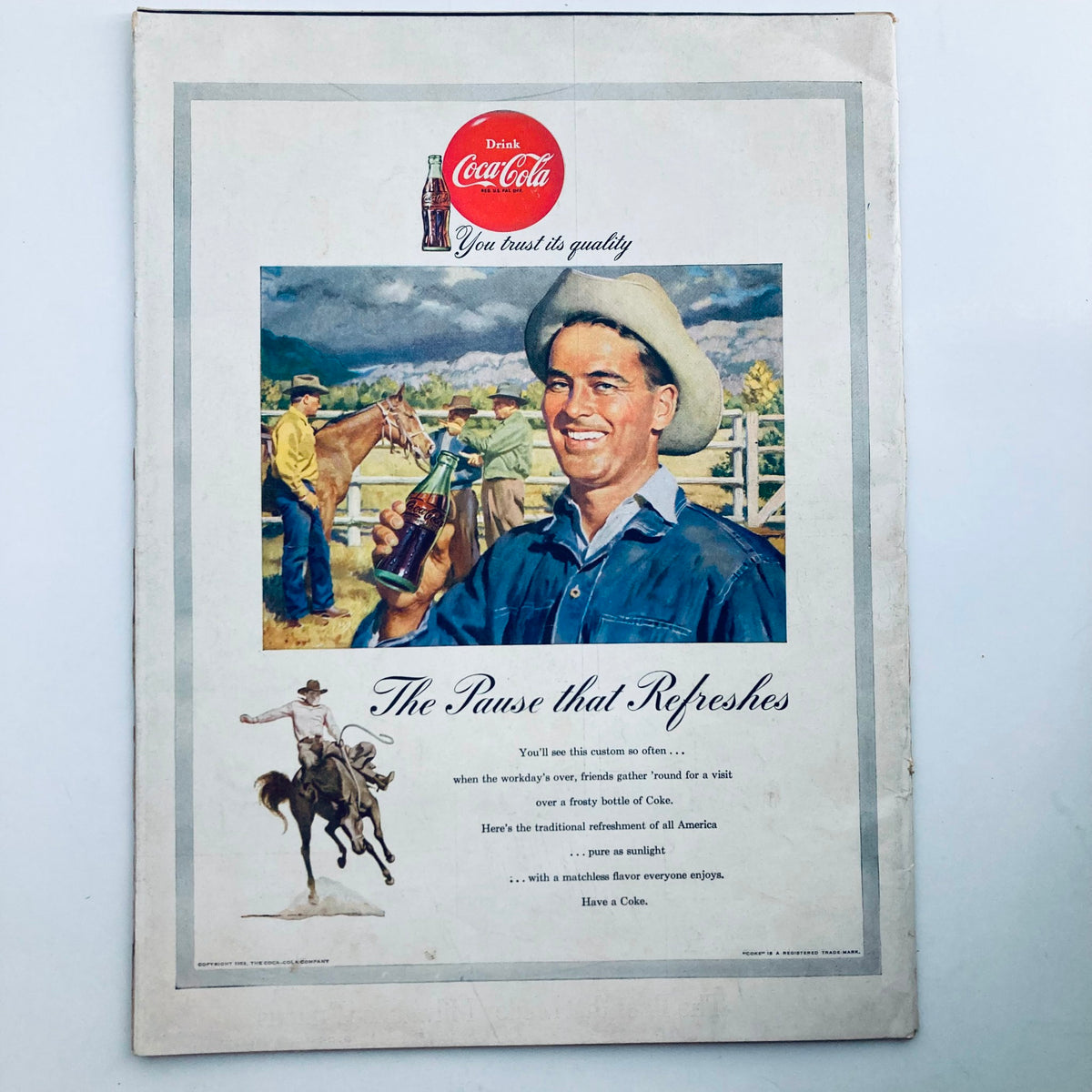 Advertisement page from VTG Life Magazine July 20 1953 for Coca-Cola showcasing a cowboy enjoying a drink, illustrating 1950s Americana.