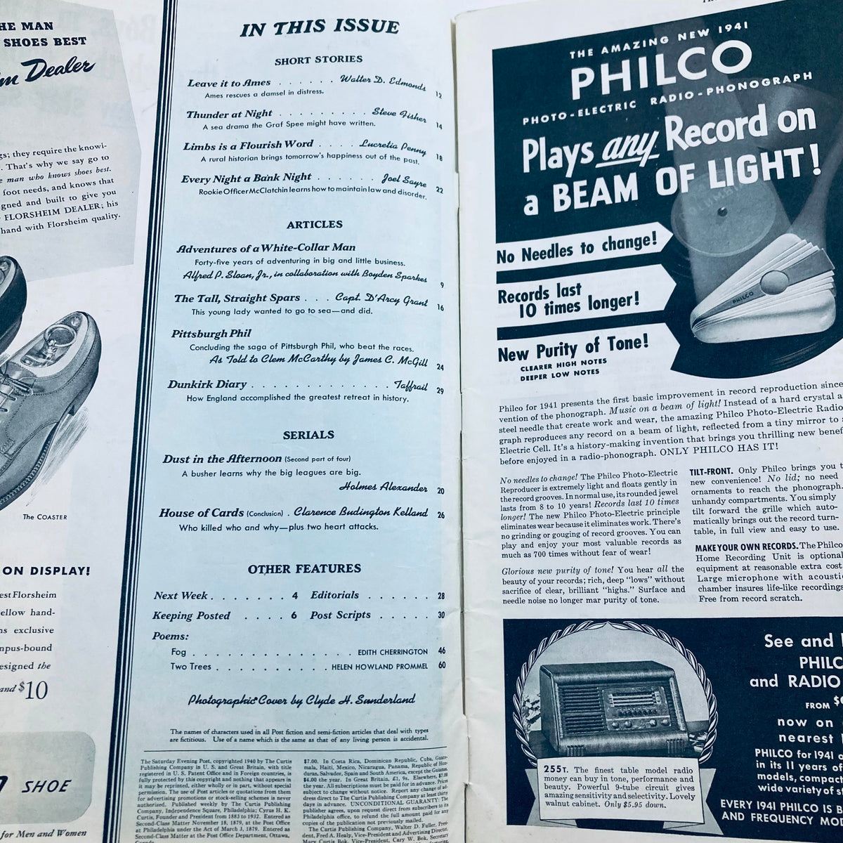 Interior pages of The Saturday Evening Post Magazine, August 17, 1940, showcasing contents including short stories and advertisements.