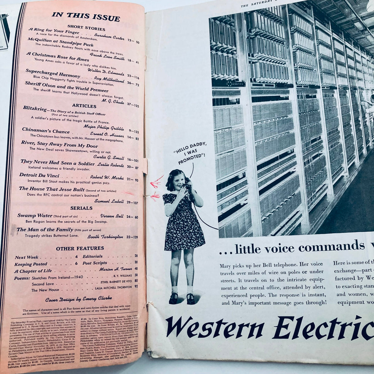 Interior page of The Saturday Evening Post Magazine December 7, 1940 listing contents including articles and stories like 'Blitzkrieg' and 'Detroit Da Vinci'.