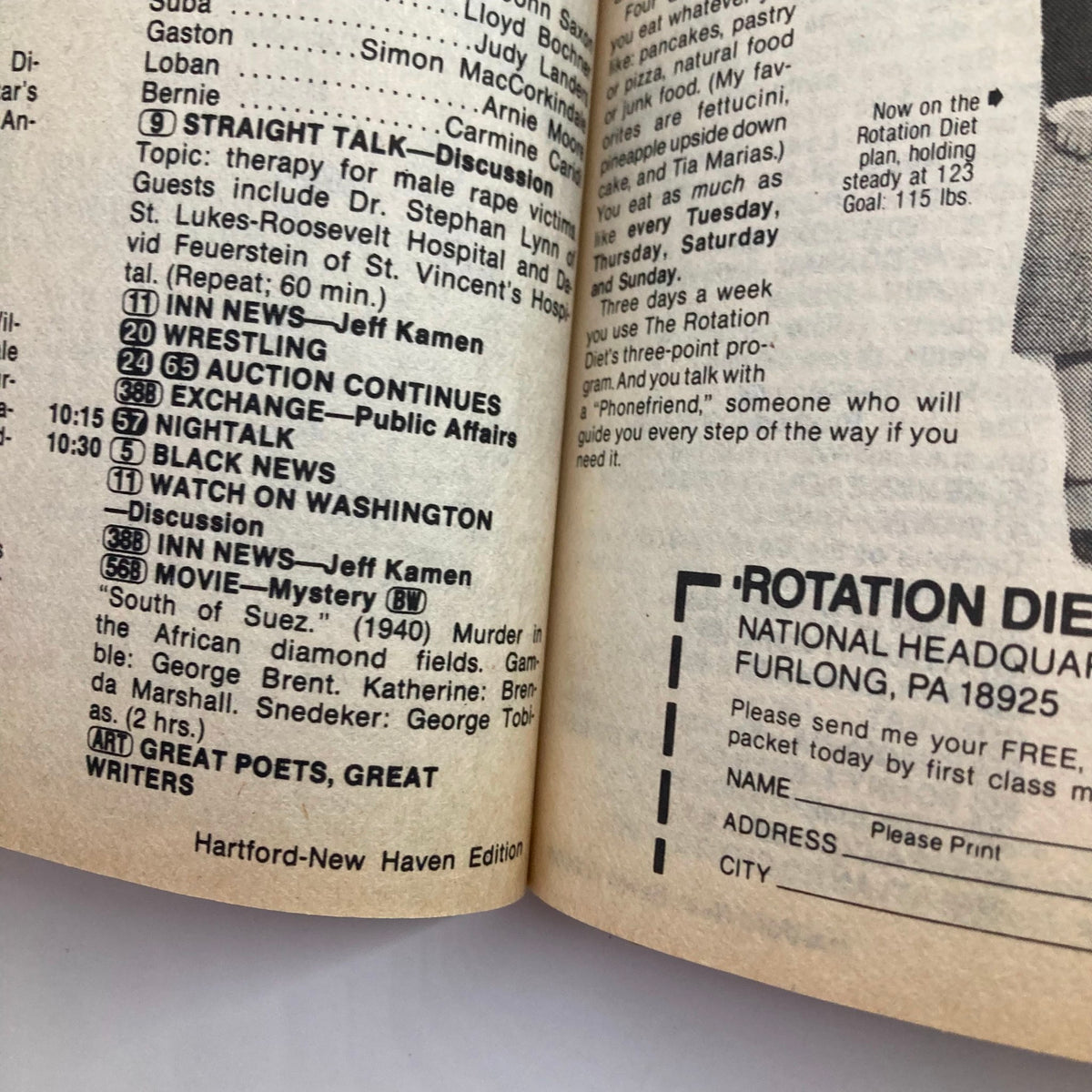 Inside page of TV Guide Magazine April 24 1982 featuring programming listings for Hartford-New Haven edition. Items listed include 'Wrestling,' 'News,' and 'Movie-Mystery South of Suez.' This vintage magazine captures television history with its well-preserved condition.