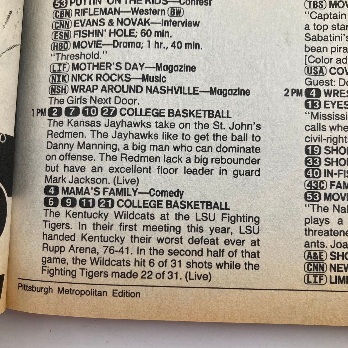 TV Guide Magazine featuring Frank Sinatra and Tom Selleck from February 21, 1987. The image shows a detailed television schedule including college basketball games and comedy shows, highlighting classic entertainment and sports programming of the era.