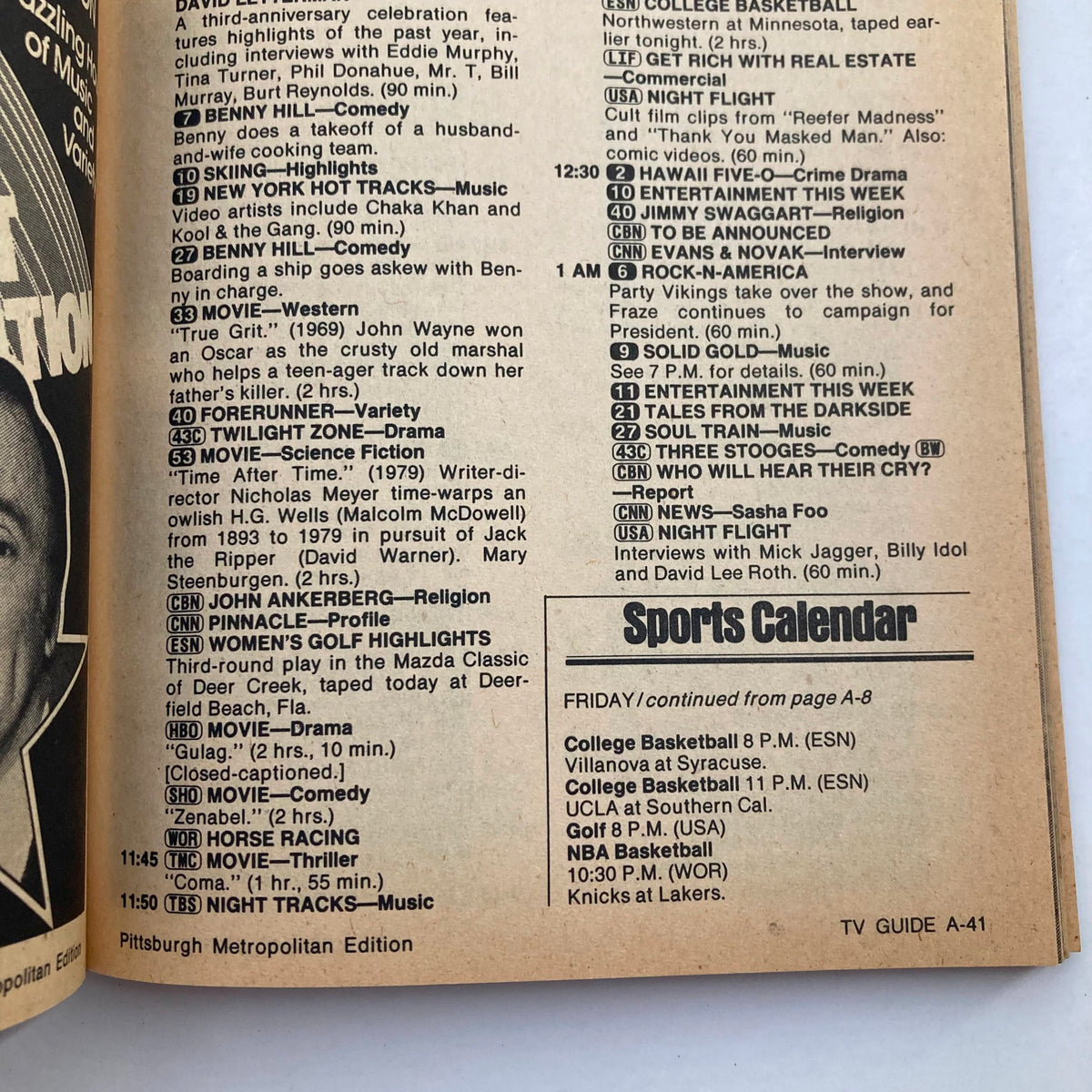 Inside page of TV Guide Magazine January 26 1985 presenting the Pittsburgh Metropolitan Edition's program listings. Features a variety of shows including 'Hawaii Five-0', 'The Twilight Zone', and sports events, showcasing the television landscape of that era.