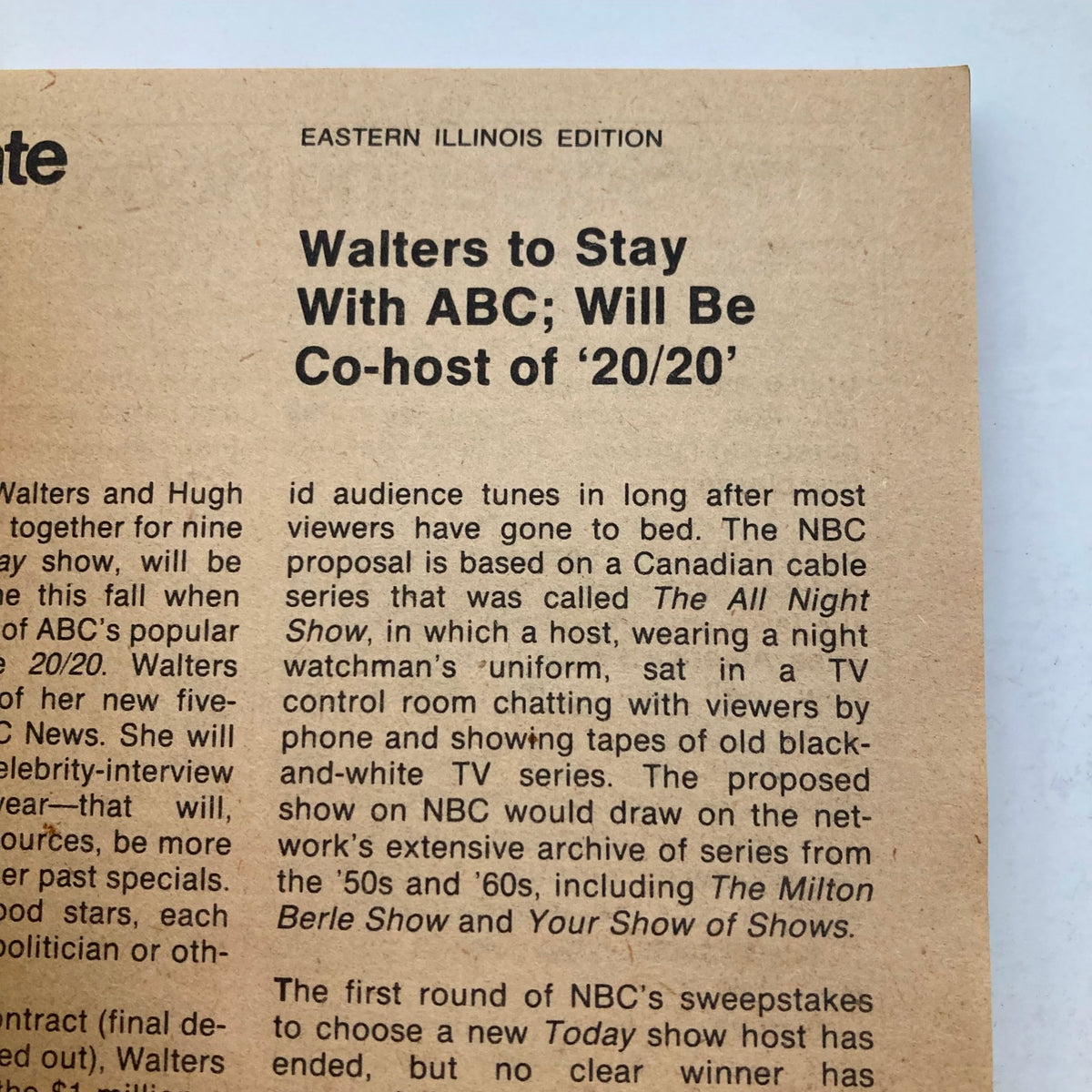 Inside page from the TV Guide Magazine September 12 1981 Fall Preview Special Eastern IL Edition, detailing an article about Barbara Walters staying with ABC as co-host of '20/20'. The page highlights television news and programming from that era.
