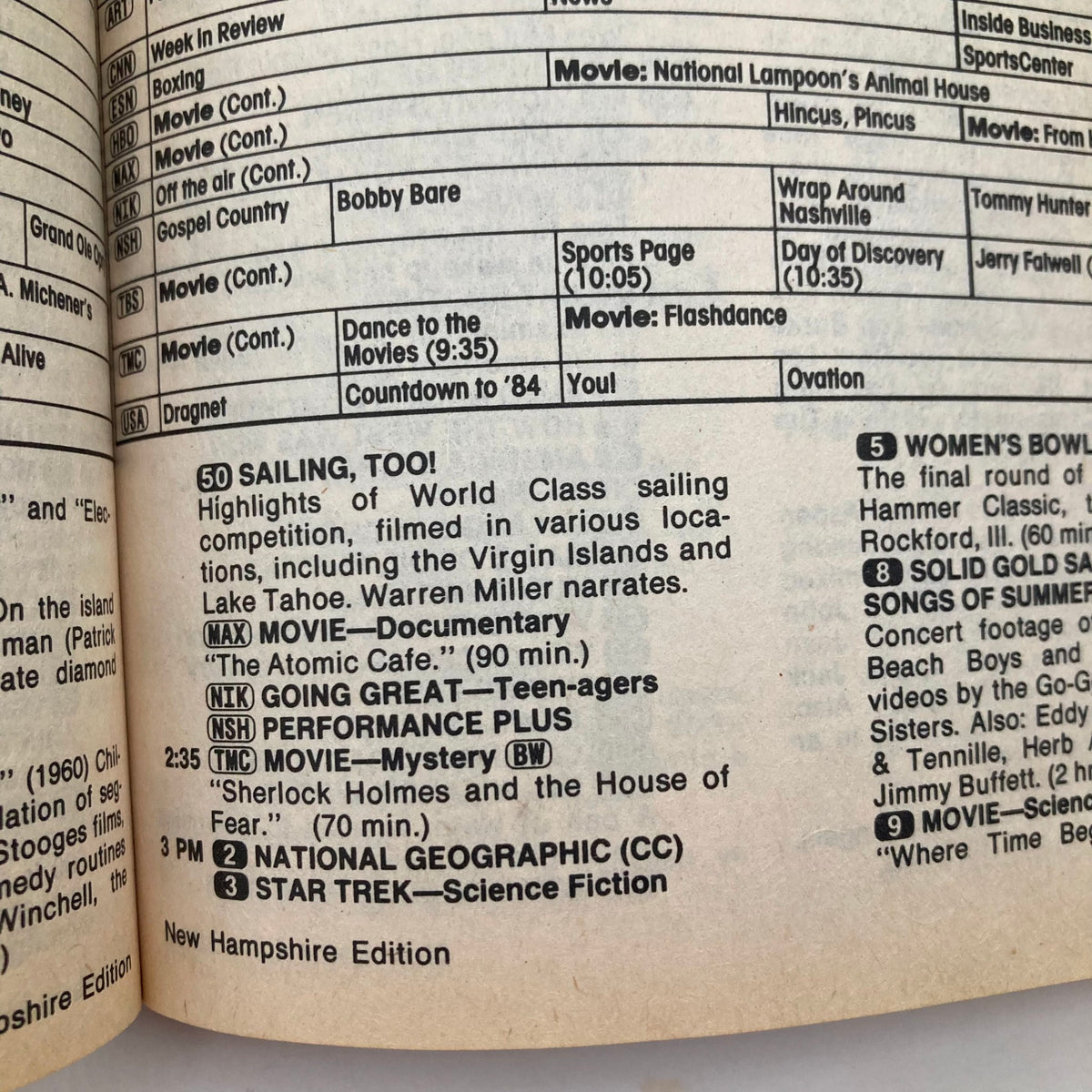 Inside page of TV Guide Magazine July 21, 1984, showcasing TV listings and programming highlights for the week in the New Hampshire Edition.