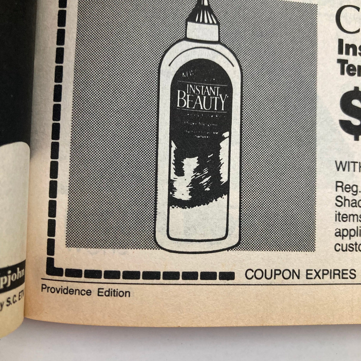 Advertisement for Instant Beauty product featured in the Providence Edition of TV Guide Magazine, highlighting a bottle design and promotional text.