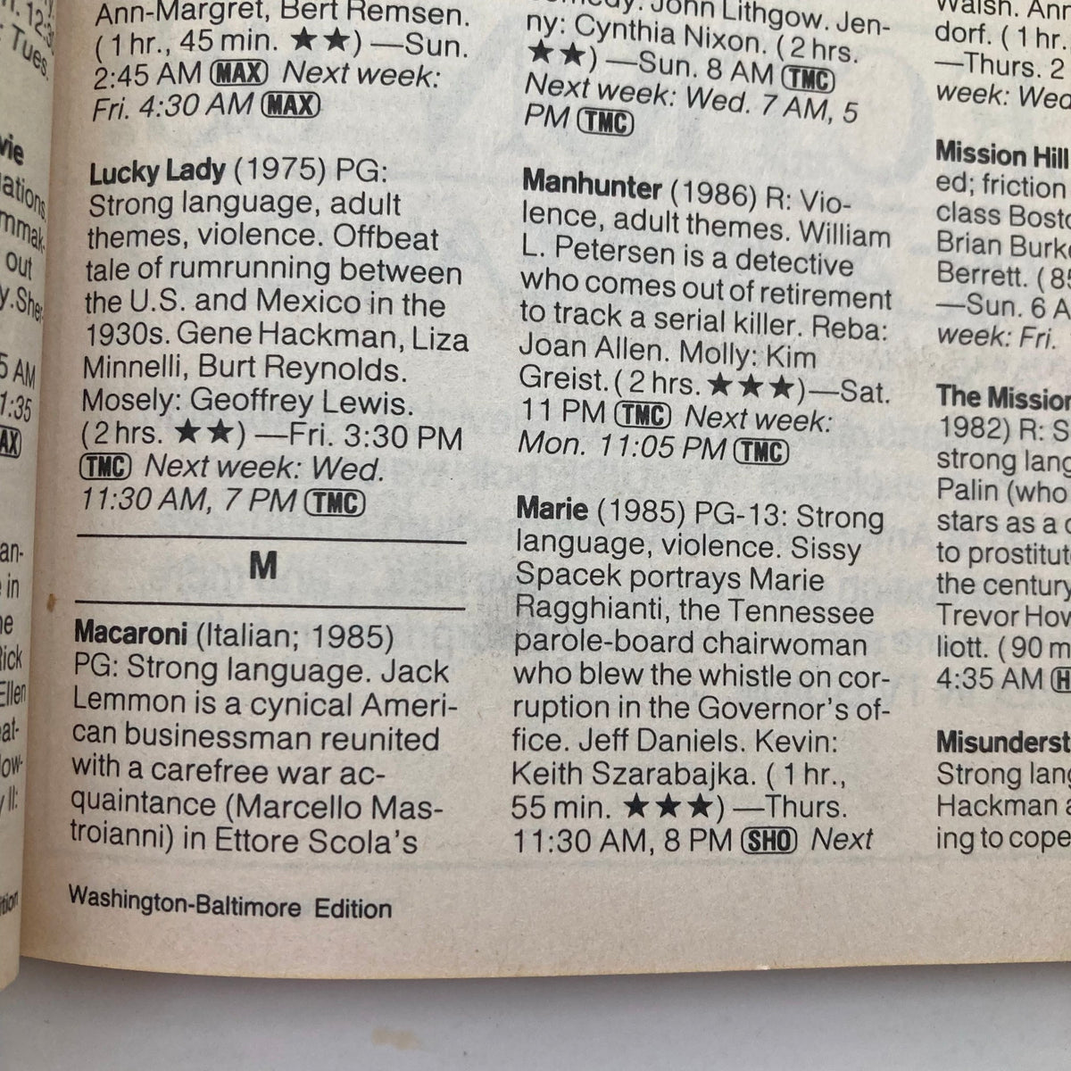 Listing from TV Guide Magazine January 16 1988 featuring movie schedule including 'Lucky Lady', 'Manhunter', 'Marie', and 'Macaroni'. The page displays detailed descriptions, ratings, and upcoming air times in the Washington-Baltimore edition.