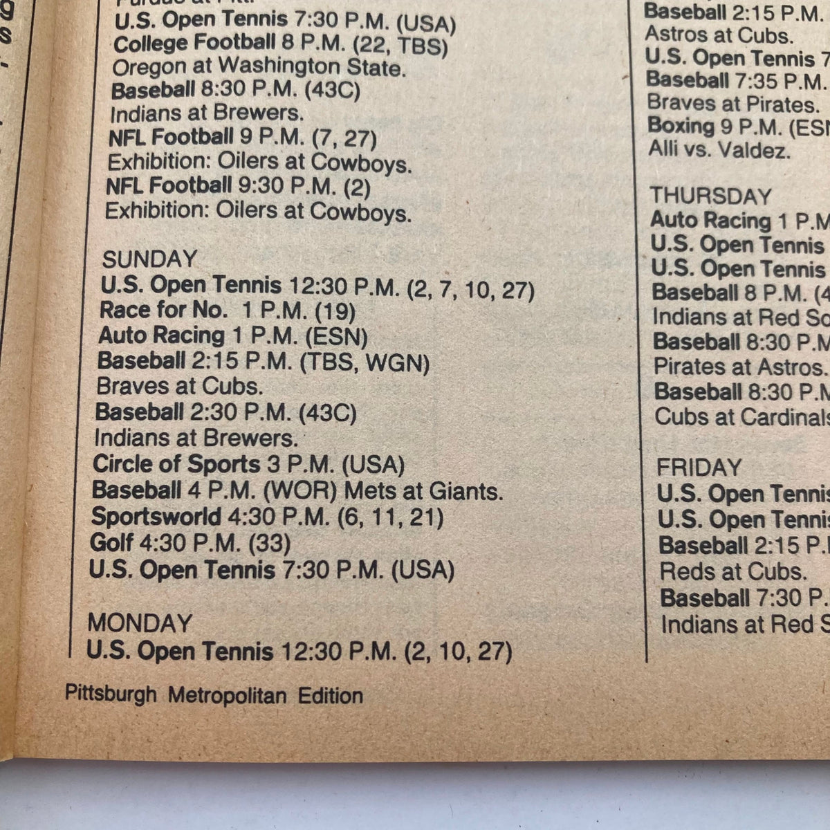 Inside page of TV Guide Magazine from August 31 1985, detailing TV listings for sports including U.S. Open Tennis and Baseball games, Pittsburgh Metropolitan Edition.