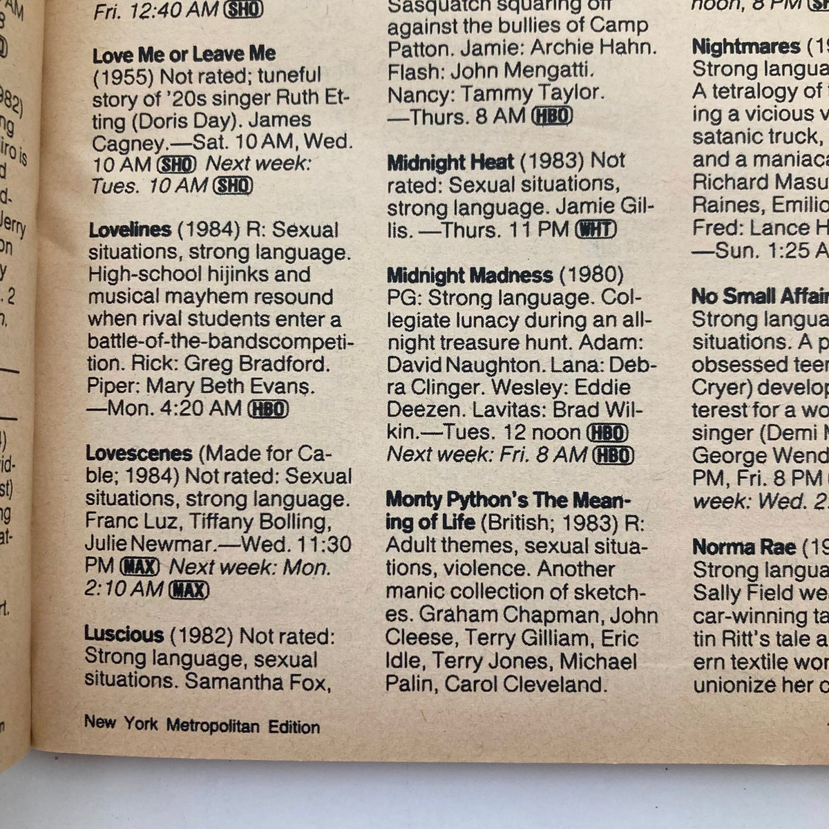 Inside page of TV Guide Magazine December 14 1985, displaying listings including movie titles and descriptions from the New York Metropolitan Edition.