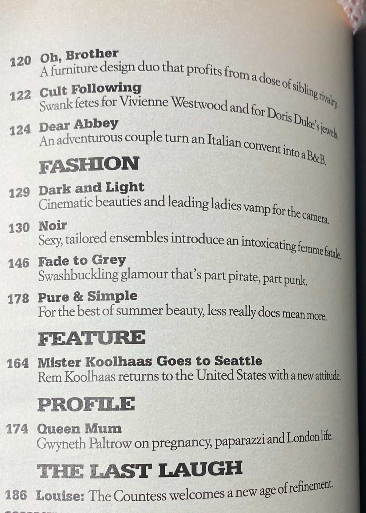 Interior pages of W Magazine June 2004, highlighting articles including 'Oh Brother' and 'Cult Following', with insights on fashion and feature stories.