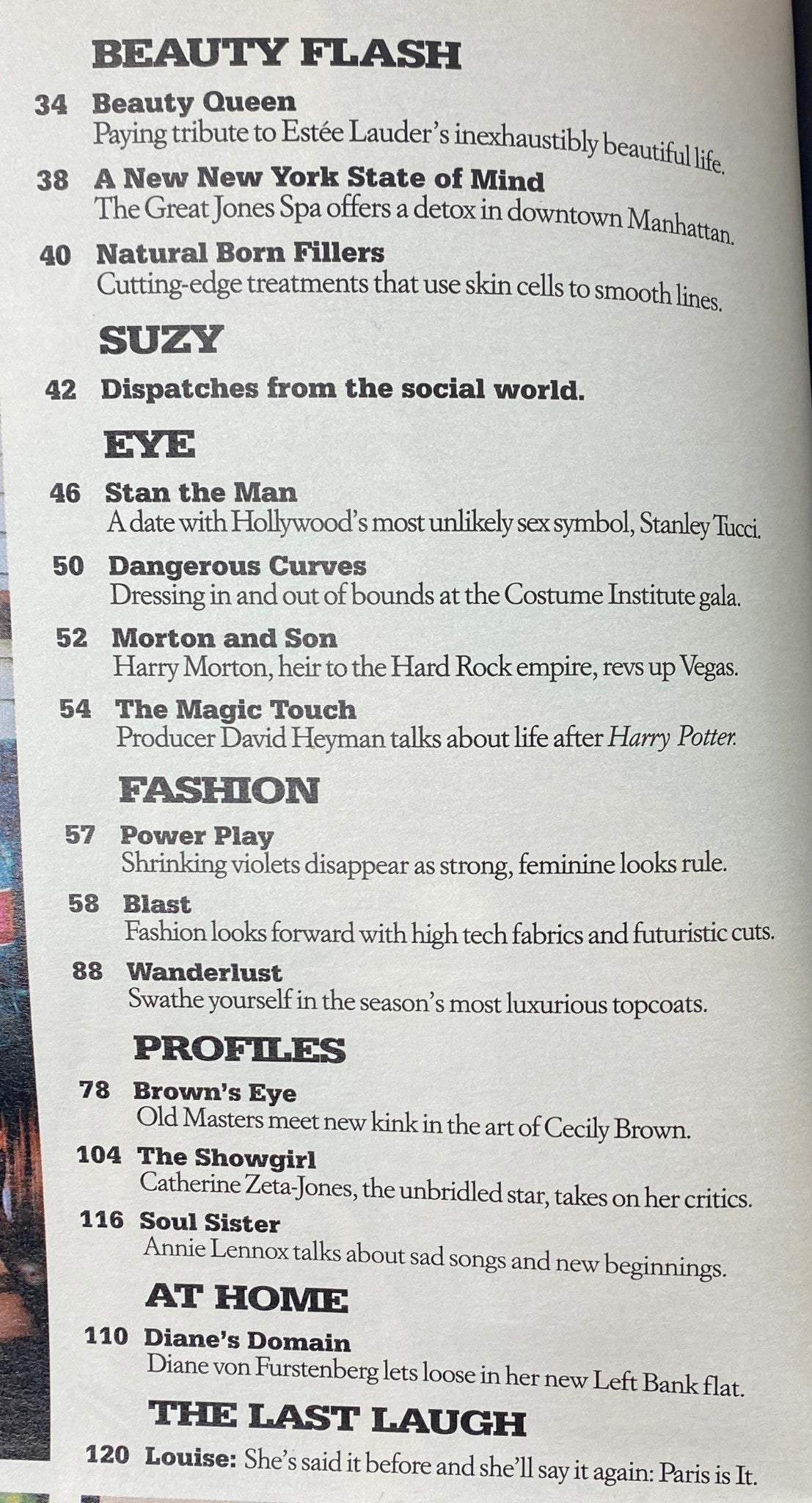 Table of contents from W Magazine July 2004, showcasing articles on beauty, fashion, and interviews with celebrities, including features on Estée Lauder.