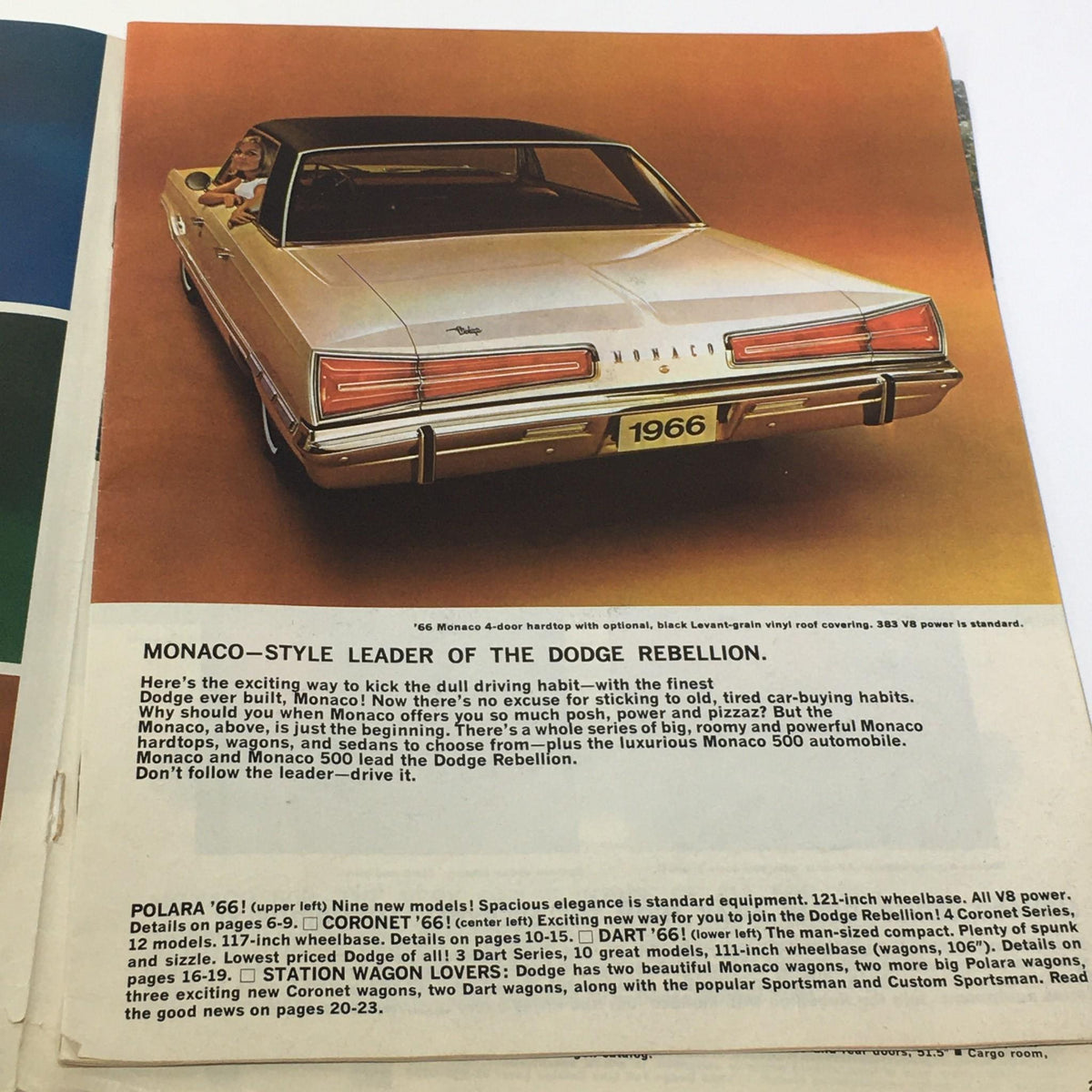 An enticing page from the 1966 Dodge Monaco Polara Coronet Dart brochure highlighting the luxurious Monaco model with specifications and features.