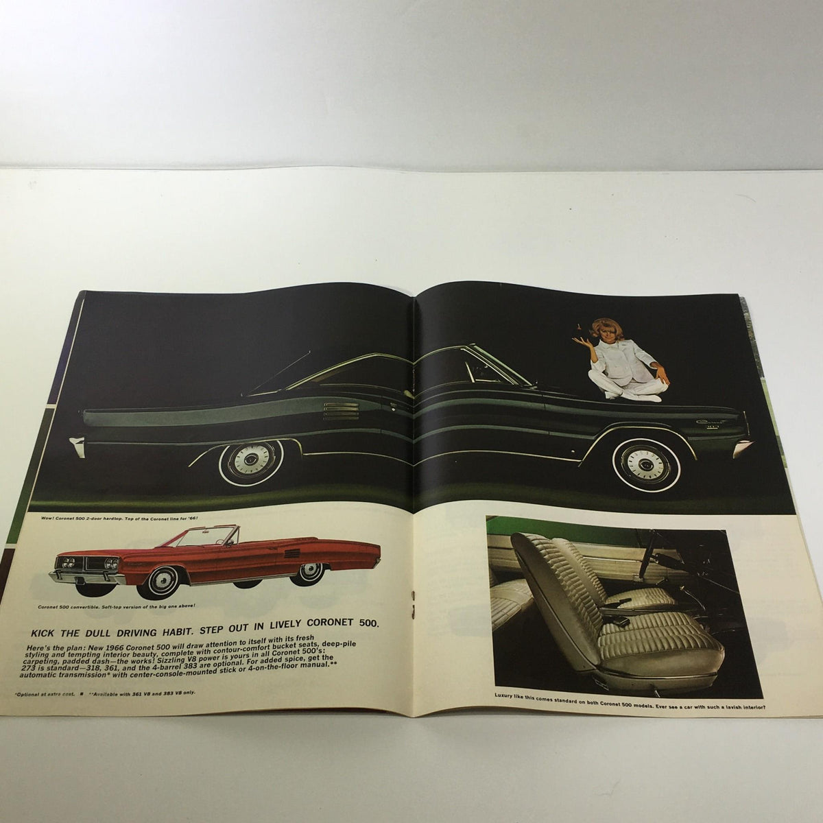 A dynamic spread from the 1966 Dodge Monaco Polara Coronet Dart brochure featuring the sleek Coronet model and its comfortable interior design.