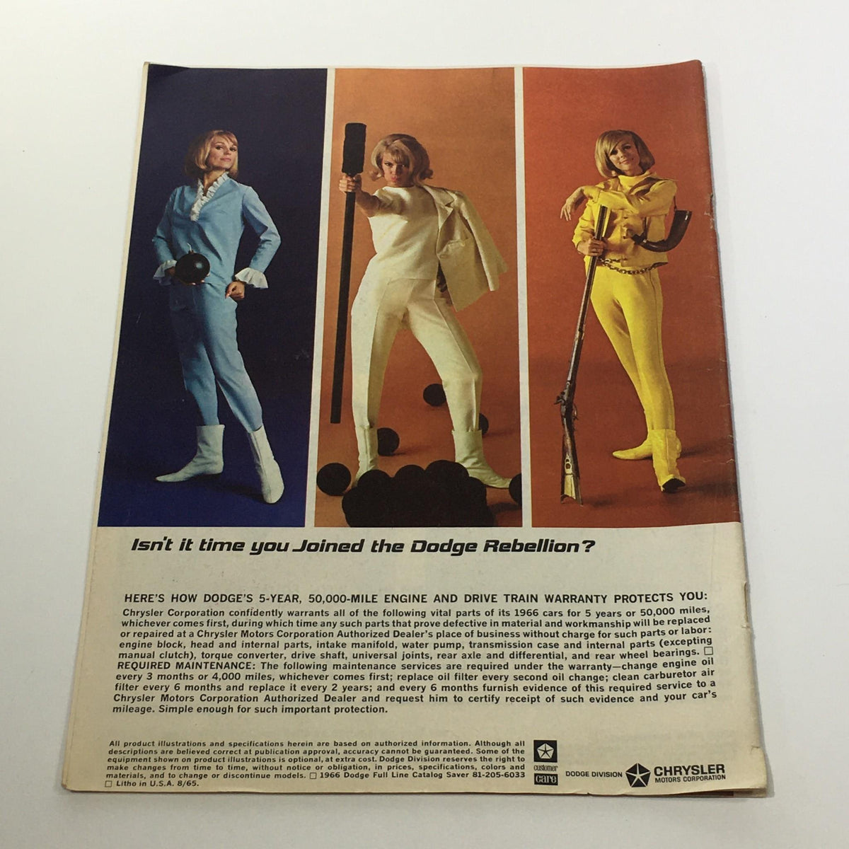 Back cover of the 1966 Dodge Monaco Polara Coronet Dart brochure featuring a promotional model dressed in stylish outfits promoting the Dodge Rebellion.