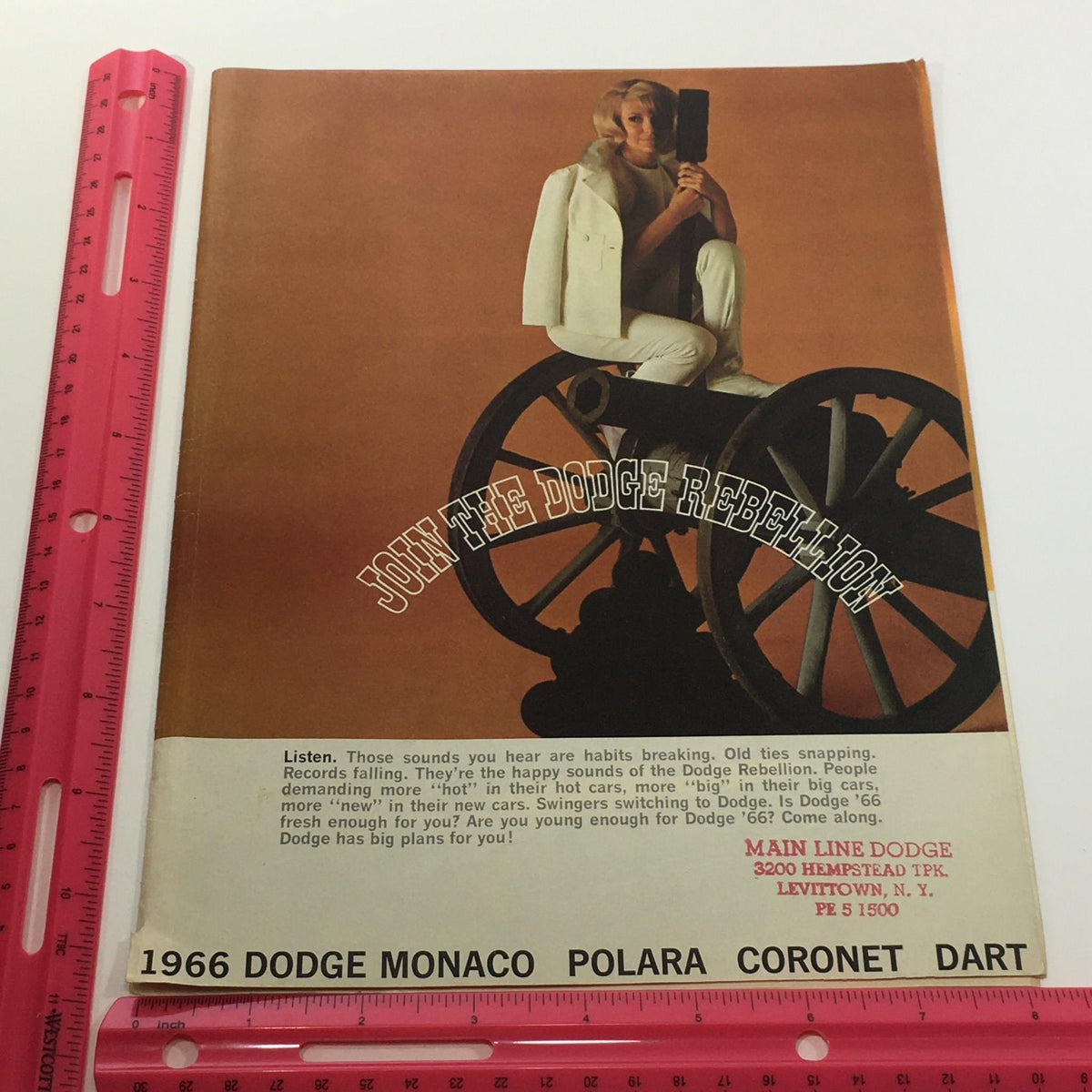 Front cover of the 1966 Dodge Monaco Polara Coronet Dart brochure highlighting the call to action to join the Dodge Rebellion, featuring a model with a vintage aesthetic.