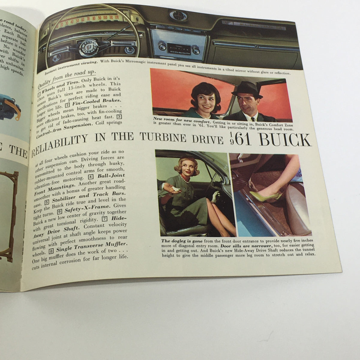 1961 Full Size Turbine Drive Buicks 4-Door and 2-Door Sedan Car Sale Brochure showcasing the interior features including the dashboard and seating options of the Buick model.