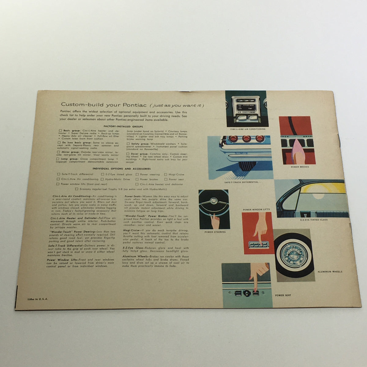 1961 Pontiac Trophy Economy V-8 Engine 303-Horsepower Car Sale Brochure back cover showing customization options available for Pontiac vehicles.