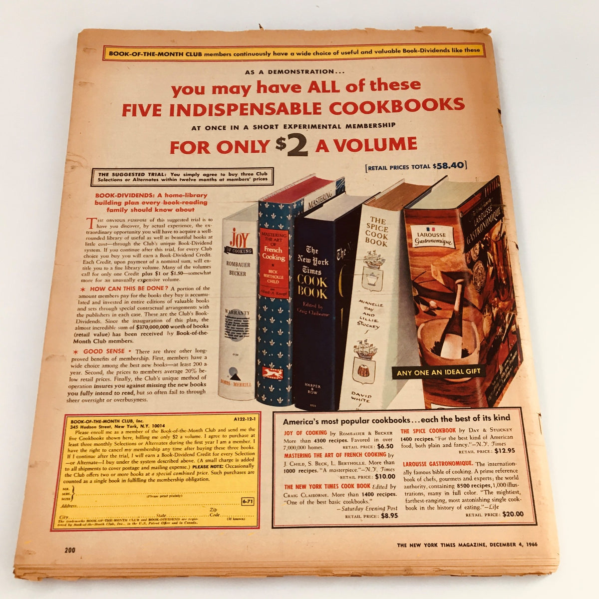 The New York Times Magazine December 4 1966 back cover displaying advertisements for cookbooks as part of a classic magazine experience.