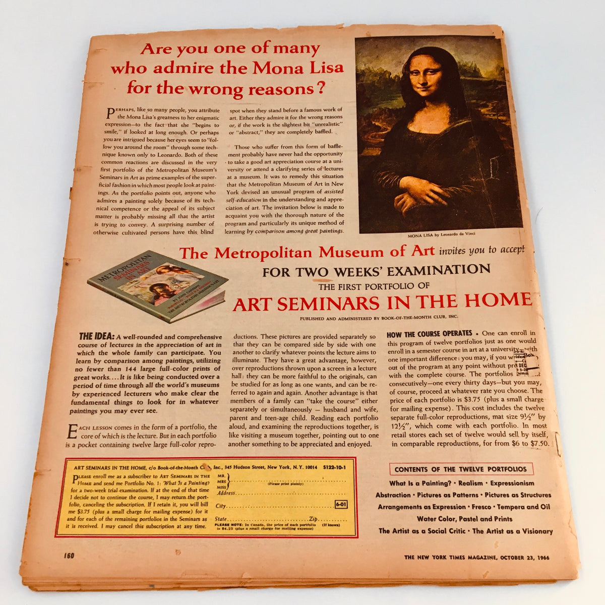 Back cover of The New York Times Magazine, October 23, 1966, showing an advertisement for art seminars alongside additional content details.