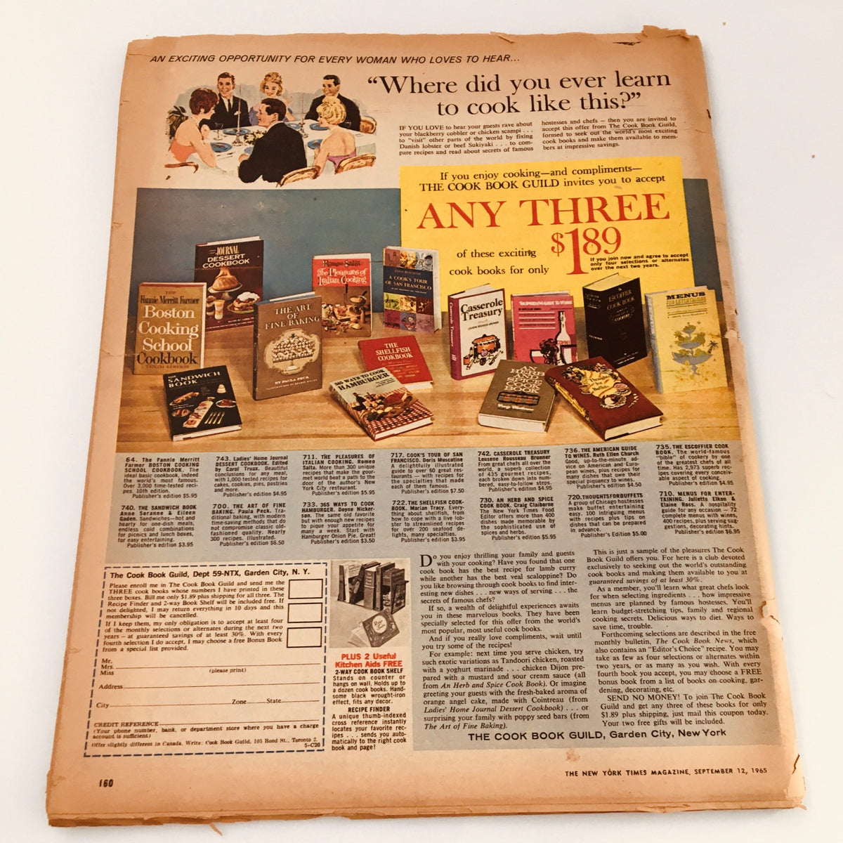 The back cover of The New York Times Magazine September 12 1965, showcasing advertisements and vintage cookbook promotions.