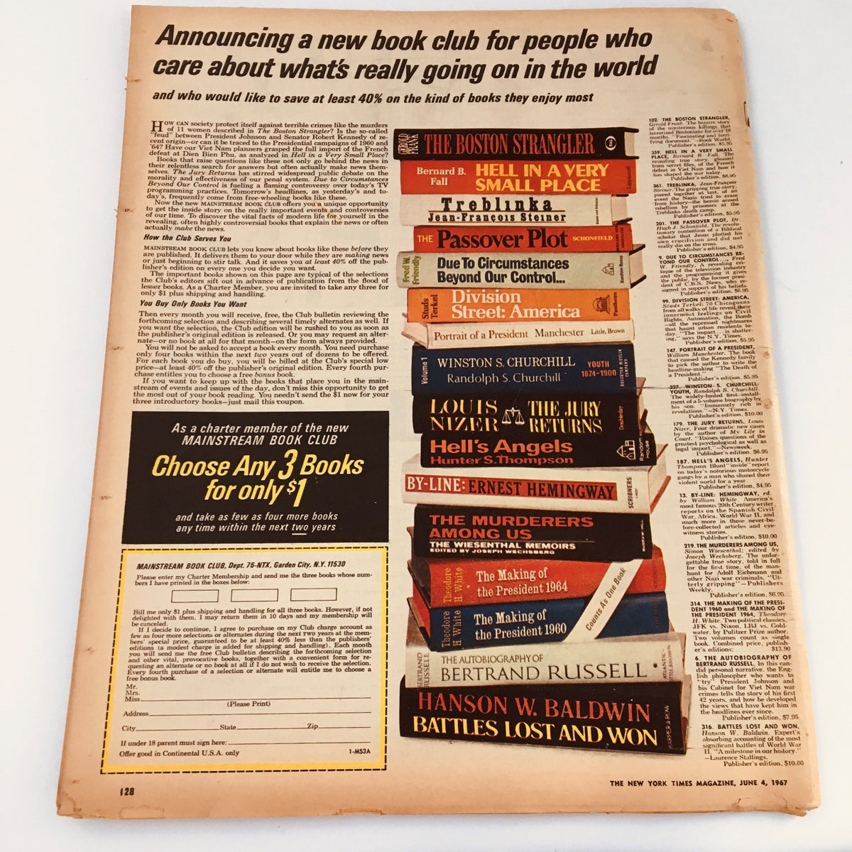 The New York Times Magazine June 4 1967 back cover featuring a book club advertisement with various notable titles listed.