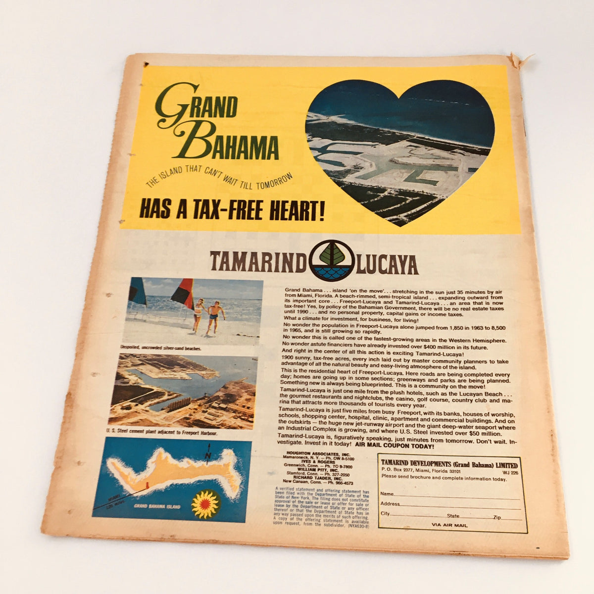 Back cover of VTG New York Magazine February 26 1967 displaying an advertisement for Grand Bahama Island, highlighting its tax-free benefits and tropical appeal.
