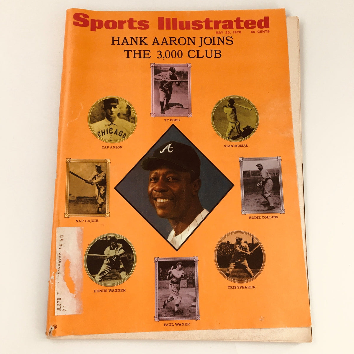 Sports Illustrated Magazine cover from May 25, 1970 featuring Hank Aaron joins the 3,000 Club, highlighted with images of baseball legends including Ty Cobb, Stan Musial, and Honus Wagner.