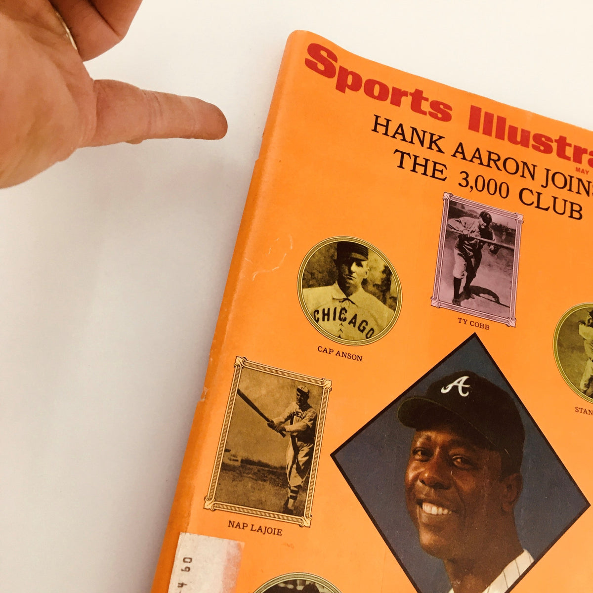 Vintage Sports Illustrated Magazine cover from May 25, 1970, featuring Hank Aaron joining the 3,000 Hits Club. The cover highlights famous baseball players including Cap Anson, Ty Cobb, and Nap Lajoie, showcasing the magazine's connection to baseball history.
