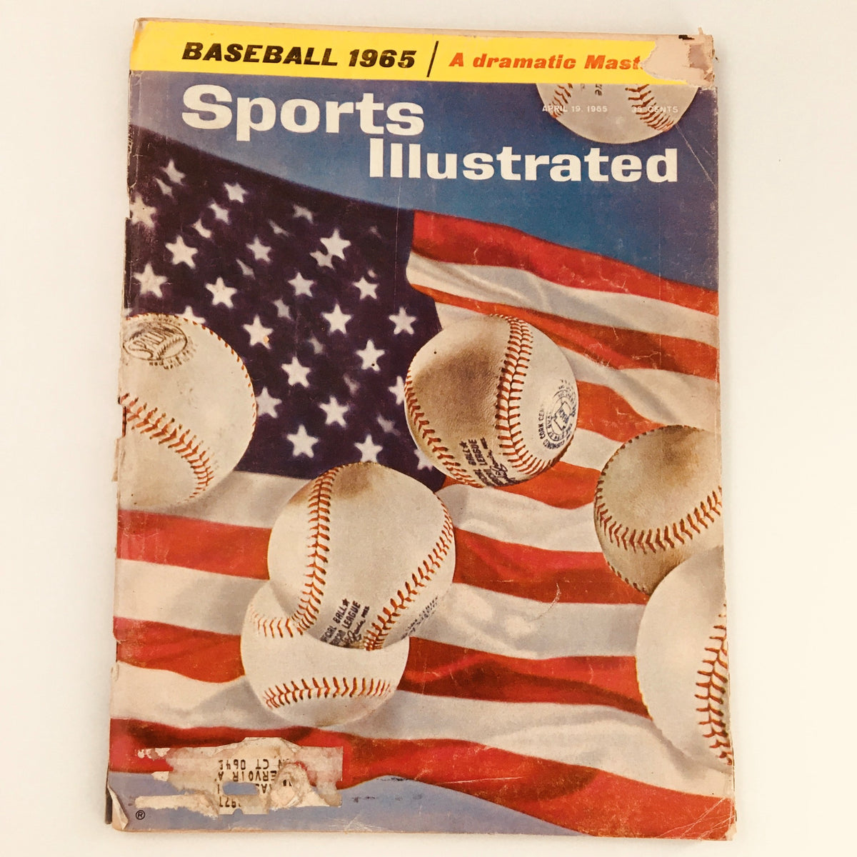 Vintage Sports Illustrated magazine cover from April 19, 1965, showcasing the Major League Baseball preview, featuring baseballs and an American flag background.