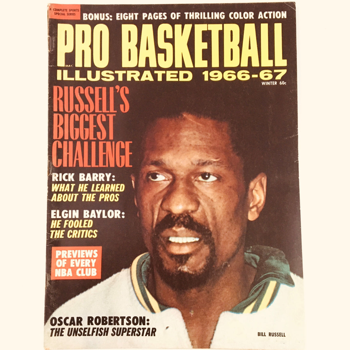 Cover image of Pro Basketball Illustrated Magazine Winter 1966-1967 featuring Bill Russell, showcasing the title and highlights of key articles.