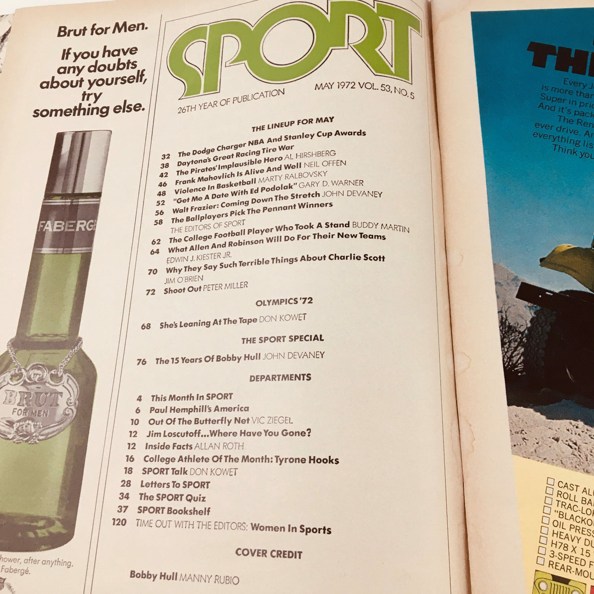 Inside page of VTG Sport Magazine May 1972 Volume 53 Issue 5, displaying the table of contents with feature articles, including 'The 15 Years Of Bobby Hull'.