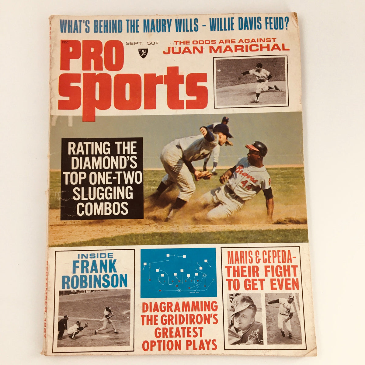 VTG Pro Sports Magazine September 1967 featuring Juan Marichal on the cover, showcasing vintage sports memorabilia with images of players and headlines about baseball and football.