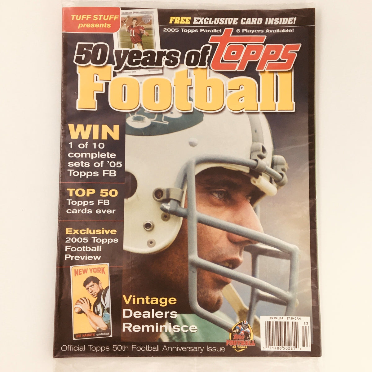 Tuff Stuff 2005 Official Topps 50th Anniversary Issue featuring Joe Namath on the cover, highlighting 50 years of Topps Football with promotional text about winning exclusive card sets and a showcase of Topps FB cards.