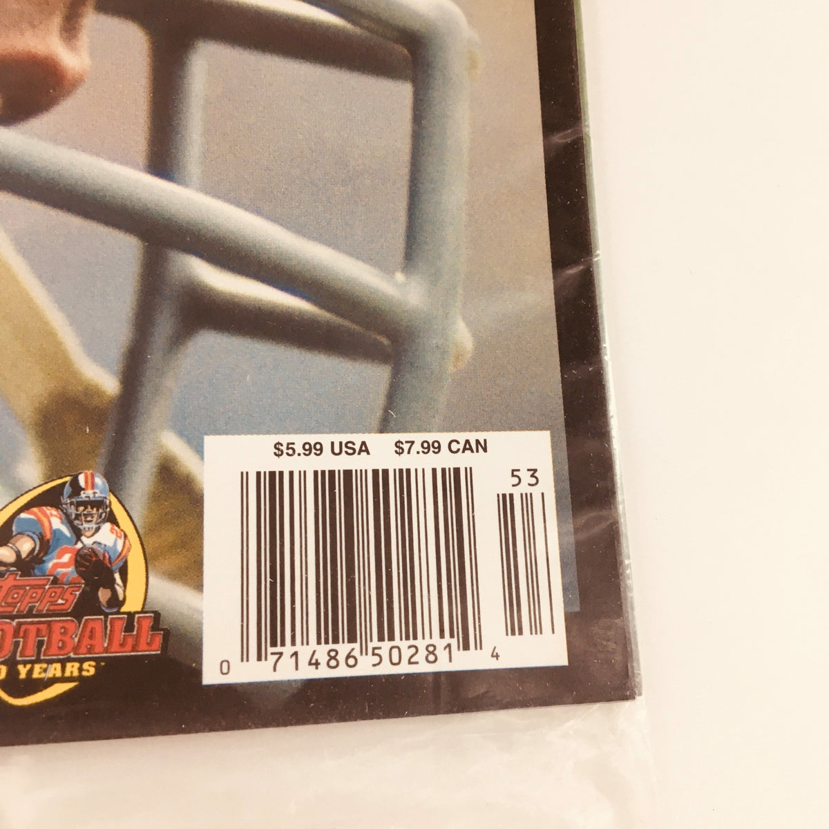 Close-up image of the barcode area on the Tuff Stuff 2005 Official Topps 50th Anniversary Issue magazine featuring Joe Namath, showcasing the retail price and identification details.