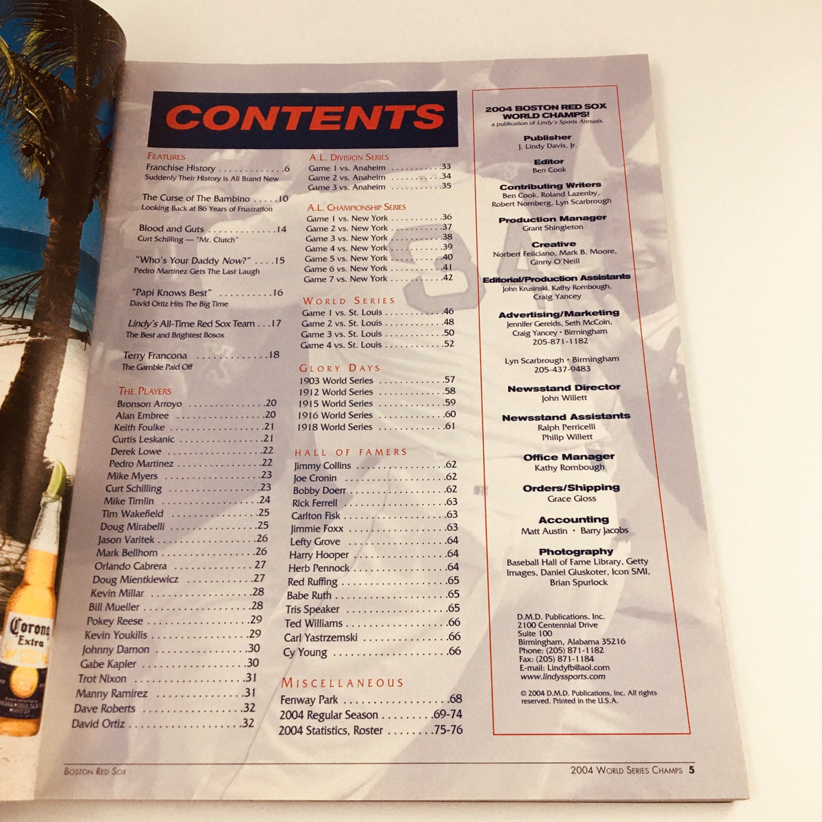Lindy Sport's Presents 2004 World Series Champs Boston Red Sox - Contents page from the magazine listing various articles and features related to the 2004 Boston Red Sox season.