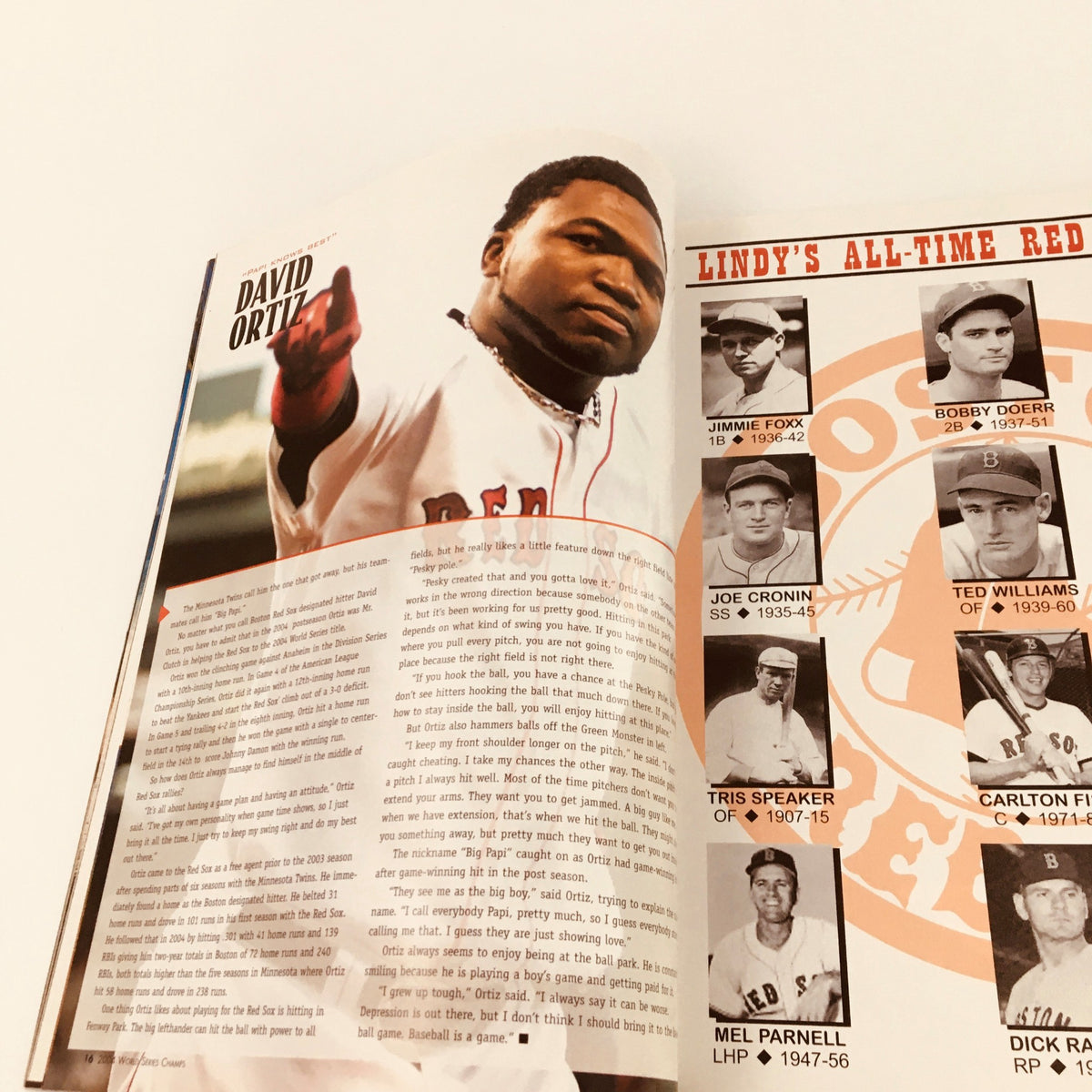Lindy Sport's Presents 2004 World Series Champs Boston Red Sox - Profile of David Ortiz with a background design showcasing historical Red Sox players.
