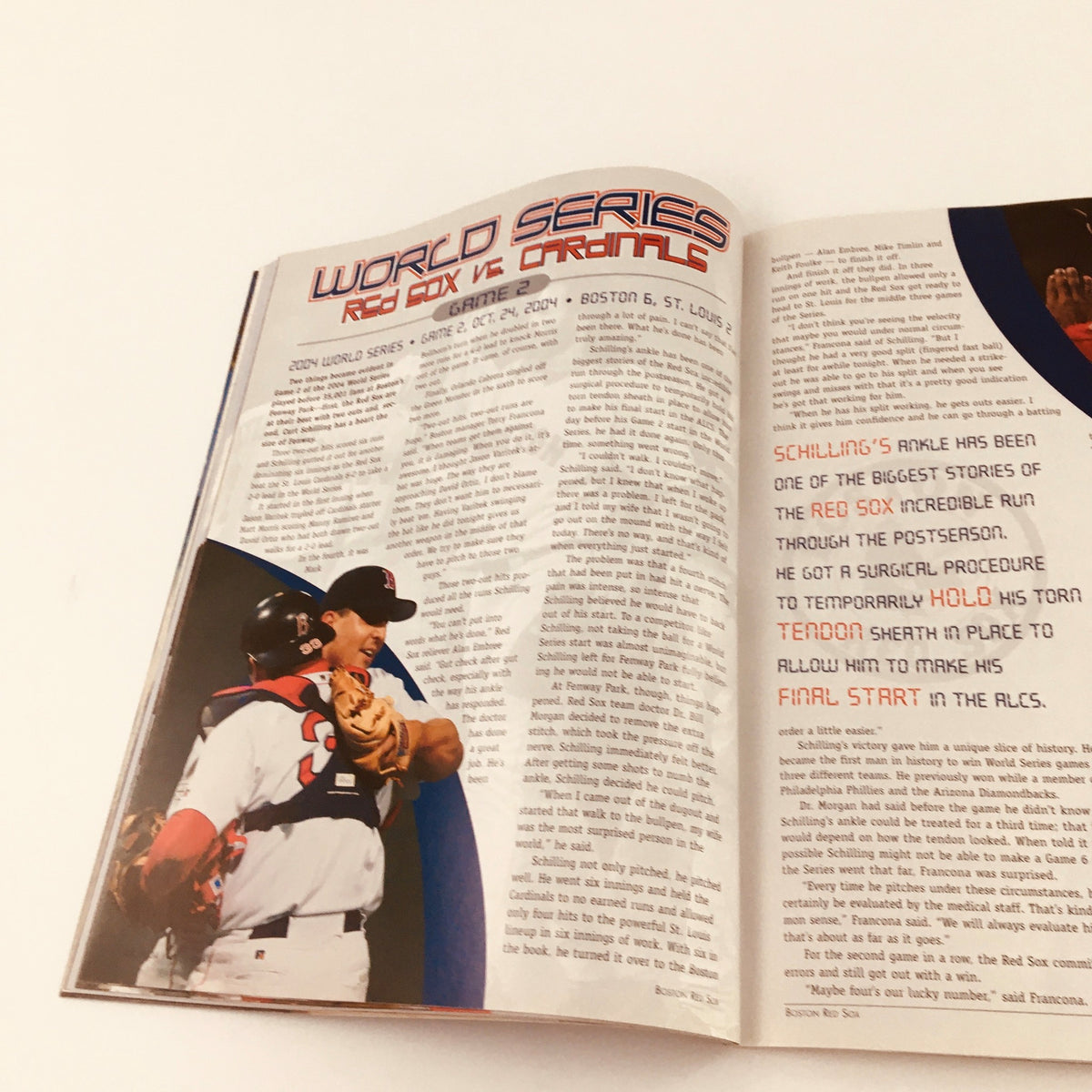Spread from Lindy Sport's Presents 2004 World Series Champs Boston Red Sox detailing the World Series journey of the Red Sox against the St. Louis Cardinals.